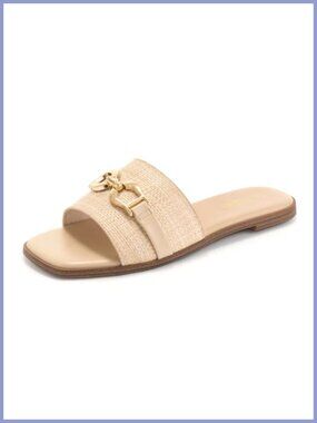 Square Toe Flat Slide Sandals Gold Chain Raffia Faux Leather Casual Beach